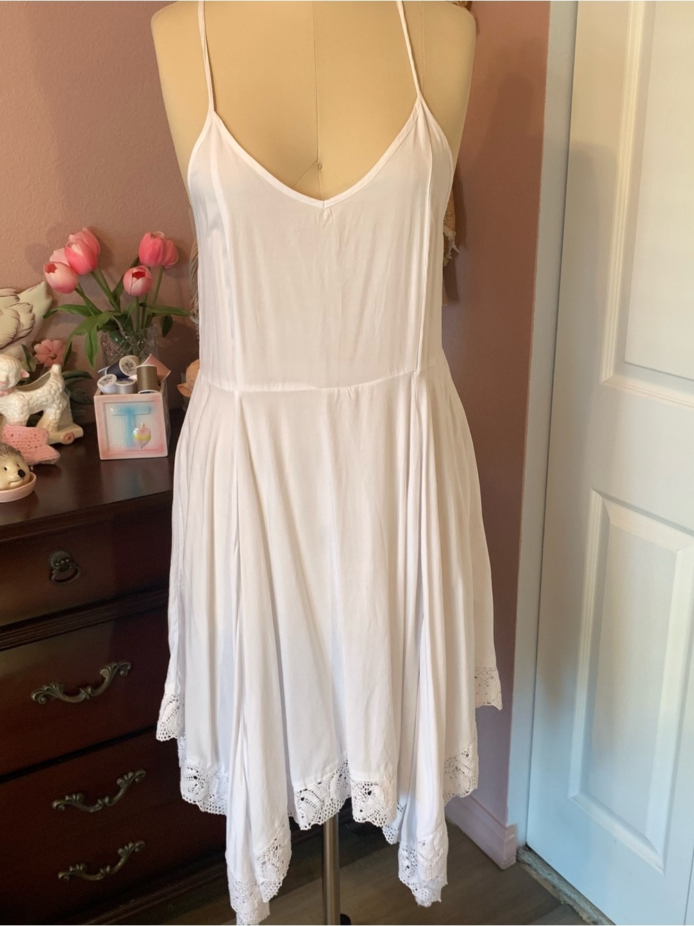 COTTON ON White Spaghetti Strap Lace-Hem Dress